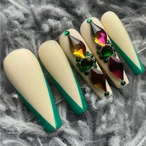 long coffin green press on nails rhinestones handmade custom matte French tips